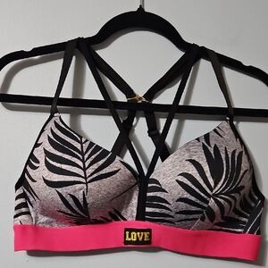 Love Women's Leaf Print Strappy Bra - Black and Pink Size XL